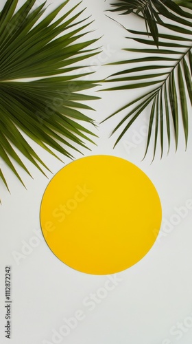 Bright yellow circle with green palm leaves against a white backdrop enhancin...