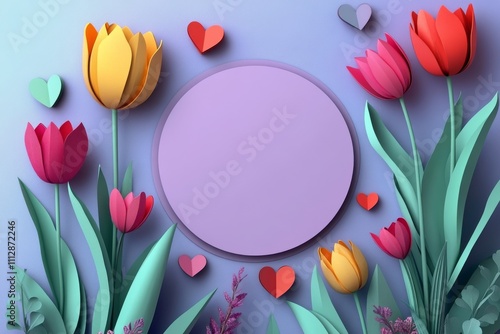 Colorful paper flowers and hearts surround a blank circle on a pastel backgro...