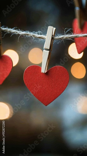 Red paper hearts hanging on string with blurred lights in the background duri...