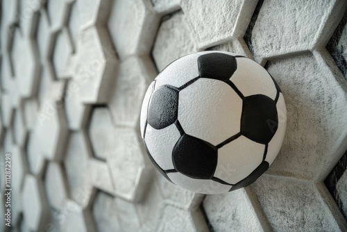 Soccer ball resting against textured hexagonal wall in a modern indoor setting