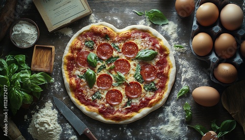 Heart shaped pizza preparation with fresh ingredients and rustic kitchen tools