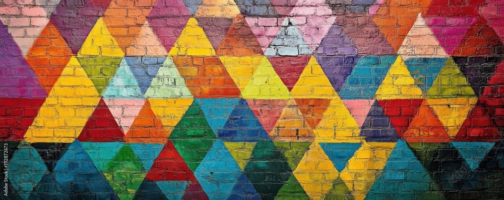 Colorful geometric patterns on a vibrant brick wall mural Colorful geometric patterns on a vibrant brick wall mural