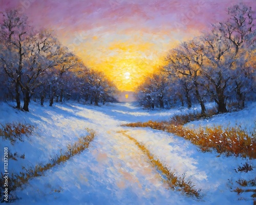 Winter sunset (or sunrise) landscape with snow and trees. Artwork. Creator Artist Nadia Russ