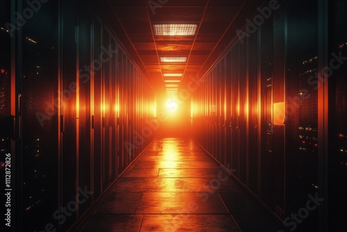 Data center illuminated by vibrant light beams creating a dynamic and futuris...