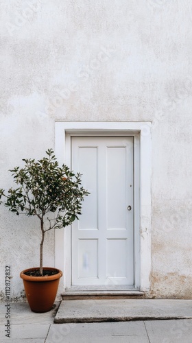 Urban greenery stands near a light blue wall and a closed wooden door
