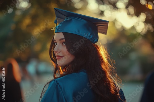 Celebrating graduation day with a proud student in a blue cap and gown at sunset