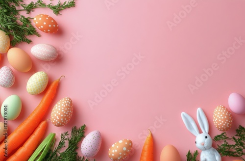 Colorful spring decorations for Easter celebration featuring eggs, carrots, a...