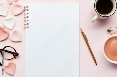 Blank notebook, warm drink, and pink hearts arranged on a soft pastel surface