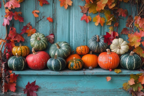 Colorful autumn pumpkins displayed on a rustic wooden shelf surrounded by vib...