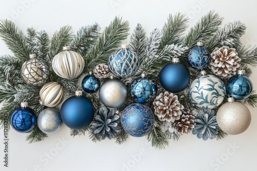 Decorative winter arrangement with blue and silver ornaments and pine cones o...