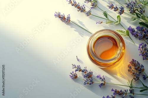Purple essential oil bottle surrounded by lavender and floral decorations on ...