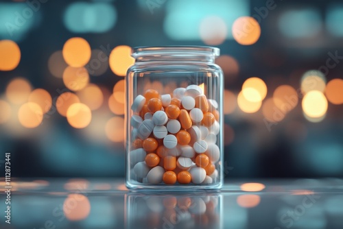 Colorful capsules arranged in a clear jar against a blurred background in a d...