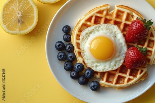 Delicious breakfast featuring a waffle topped with fried egg, fresh berries, ...