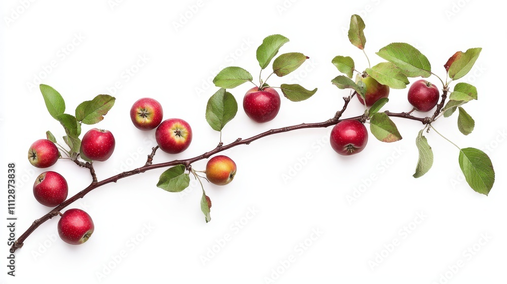 A branch of red apples with green leaves on a white background A branch of red apples with green leaves on a white background