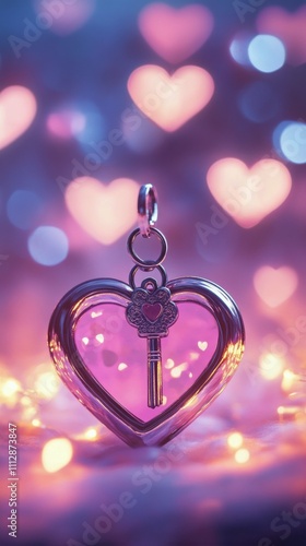 Heart shaped key with a keyhole surrounded by a soft bokeh of heart shapes at...