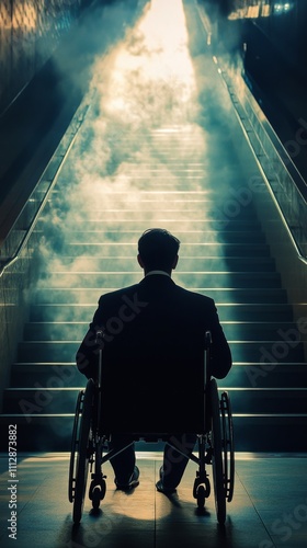 Man in wheelchair facing stairs illuminated by a beam of light in a dark corr...