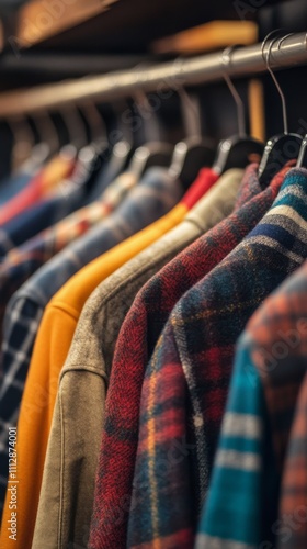 Fashionable plaid shirts hanging in a boutique showcasing autumn apparel coll...