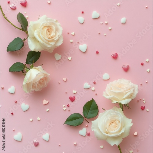 Romantic roses and heart decorations create a delicate arrangement on a soft ...