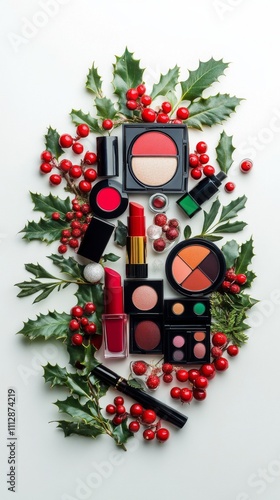 Vibrant makeup collection arranged with seasonal foliage and berries during f...
