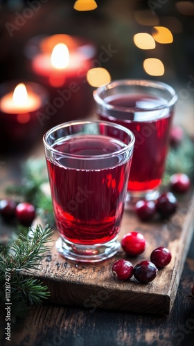 Refreshing cranberry drinks served with festive decor and warm candlelight