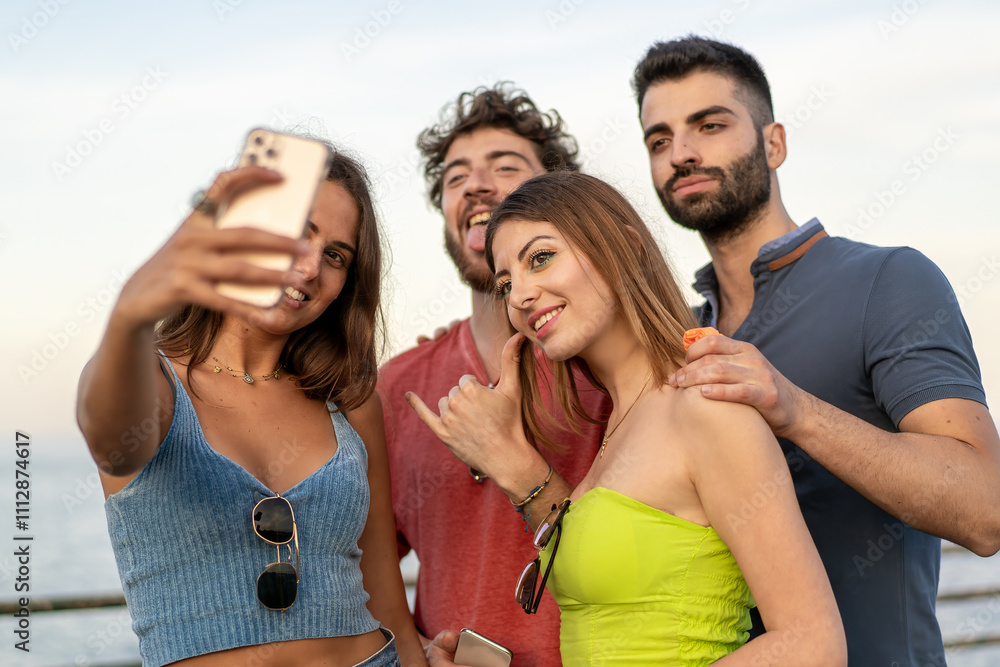 Young friends taking summer selfie at sunset - Social media lifestyle Young friends taking summer selfie at sunset - Social media lifestyle