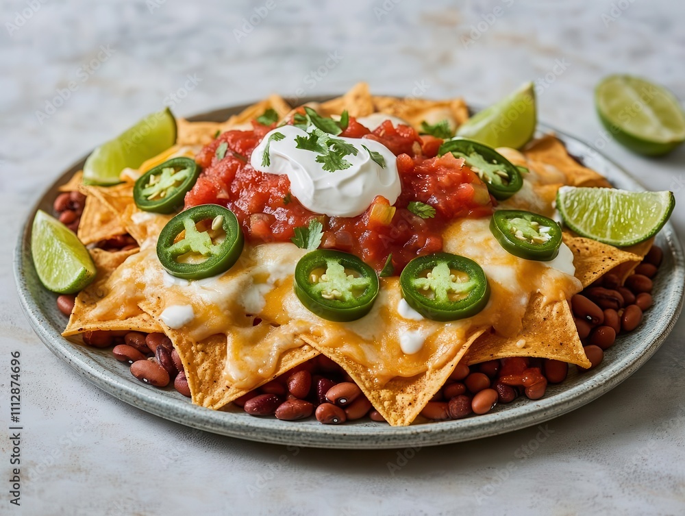 A festive platter of nachos piled high with beans, melted cheese, jalapenos, and salsa, served with lime wedges and sour cream in a lively, traditional Mexican kitchen setting A festive platter of nachos piled high with beans, melted cheese, jalapenos, and salsa, served with lime wedges and sour cream in a lively, traditional Mexican kitchen setting