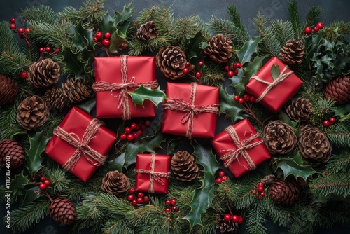 Festive red gifts arranged with greenery and pinecones for holiday celebration