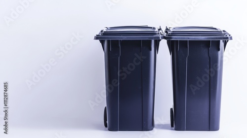 A pair of black trash cans sitting next to each other