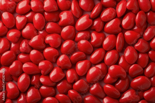 Heart shaped candies in bright red color are arranged in a playful manner on ...