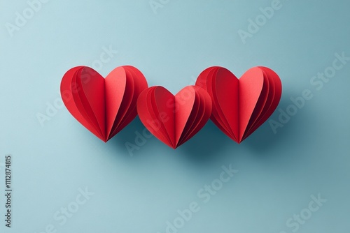 Two handcrafted red paper hearts resting on a light blue background