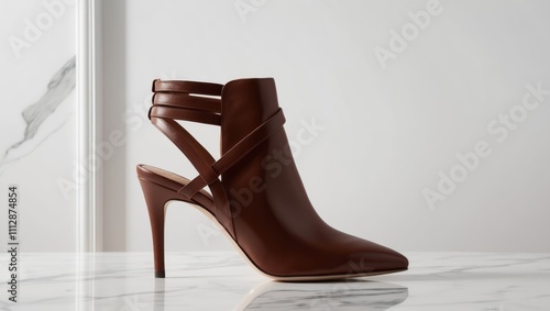 Elegant brown high heel ankle boots placed on a marble surface in bright lighting. photo