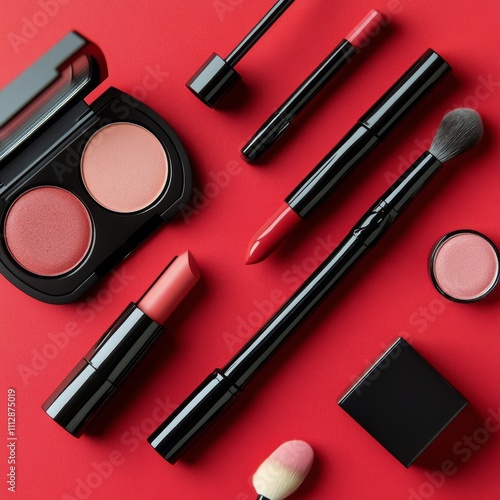Makeup products arranged on a vibrant red background for a beauty presentation