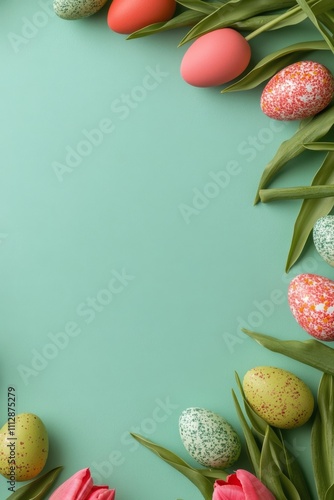 Colorful easter eggs and tulips arranged on green background for festive cele...