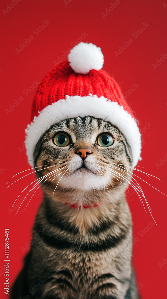 Phone background: Cute cat wearing a Christmas hat, against a red background Phone background: Cute cat wearing a Christmas hat, against a red background