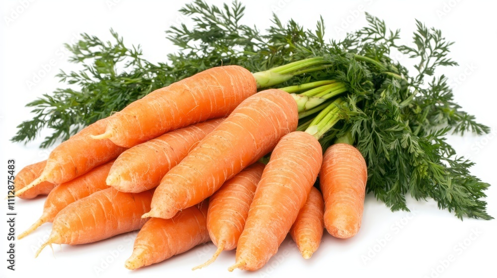 A bunch of carrots with green leaves on a white background A bunch of carrots with green leaves on a white background