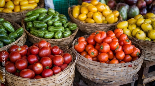 Baskets filled with lots of different types of vegetables