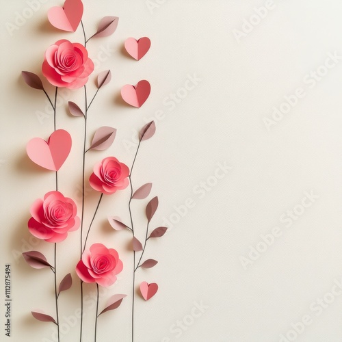 Colorful paper hearts and roses arranged on a light background for decoration...