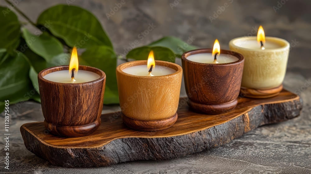 A group of three candles sitting on top of a wooden tray A group of three candles sitting on top of a wooden tray