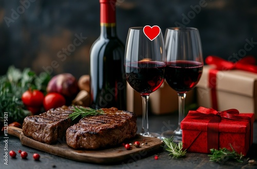 Elegant dinner setting featuring red wine, steak, and gift boxes arranged for...