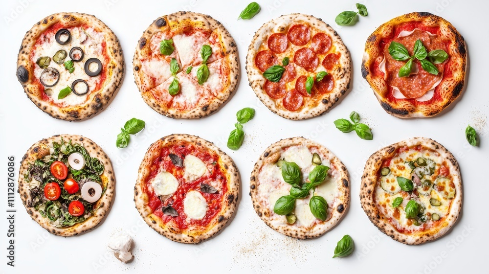 A variety of pizzas with different toppings on a white surface A variety of pizzas with different toppings on a white surface