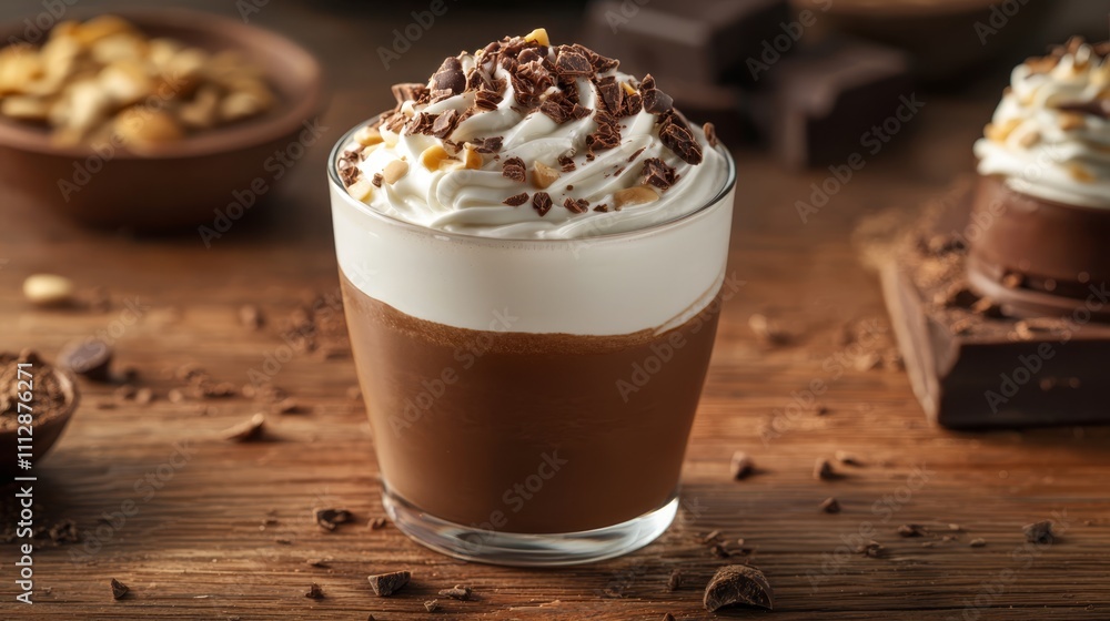 A glass of chocolate pudding with whipped cream and nuts A glass of chocolate pudding with whipped cream and nuts