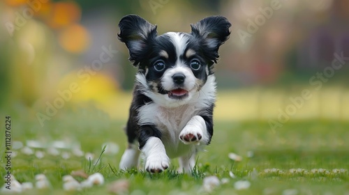 Adorable black and white puppy running on grassy field.