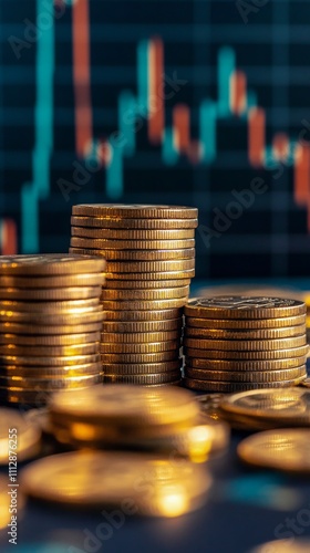 Stacked golden coins and financial charts showcasing cryptocurrency trends at...