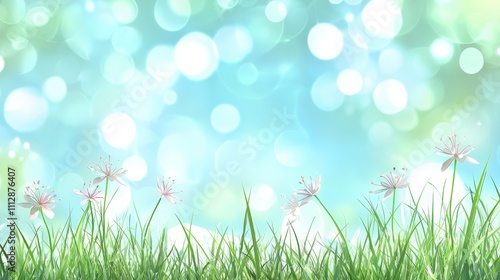 A field of green grass with pink flowers in the foreground