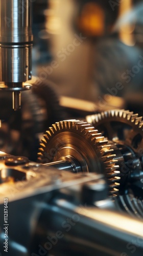 Close up view of intricate brass gears and machinery components in a workshop...