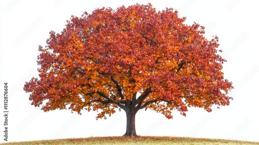 A lone tree with red leaves on a grassy hill A lone tree with red leaves on a grassy hill