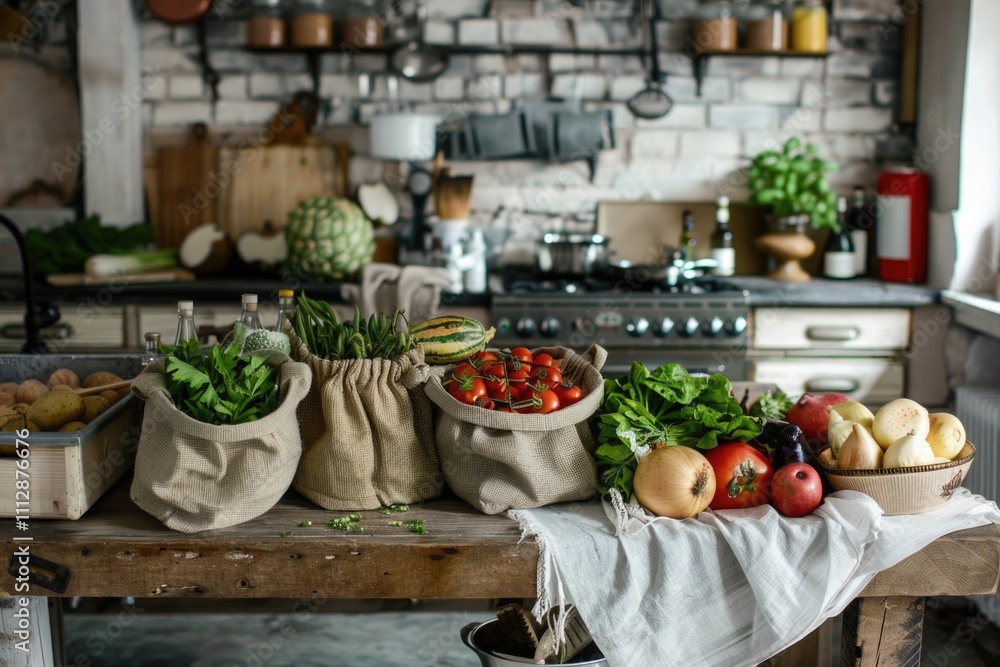 Groceries On Table. Kitchen Interior with Fresh Organic Food in Green Textile Bags Groceries On Table. Kitchen Interior with Fresh Organic Food in Green Textile Bags