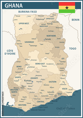 Ghana Map Vector Vintage Dark Blue Beige - Customizable layered political map of Ghana with administrative divisions for website, education, reports, news, politics, print, poster and wallpaper