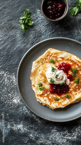 Delicious homemade pancakes served with berry jam and whipped cream on a slee...