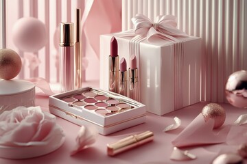 Elegant makeup palette and tools arranged on a pink background with gifts